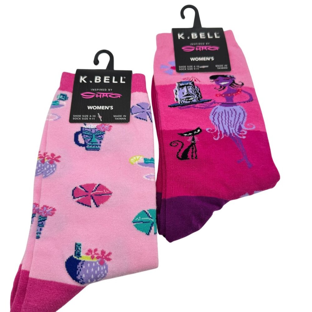 K. Bell 2 Pair Socks Artist Shag Tiki Hula Pink Floral Cat Retro Design